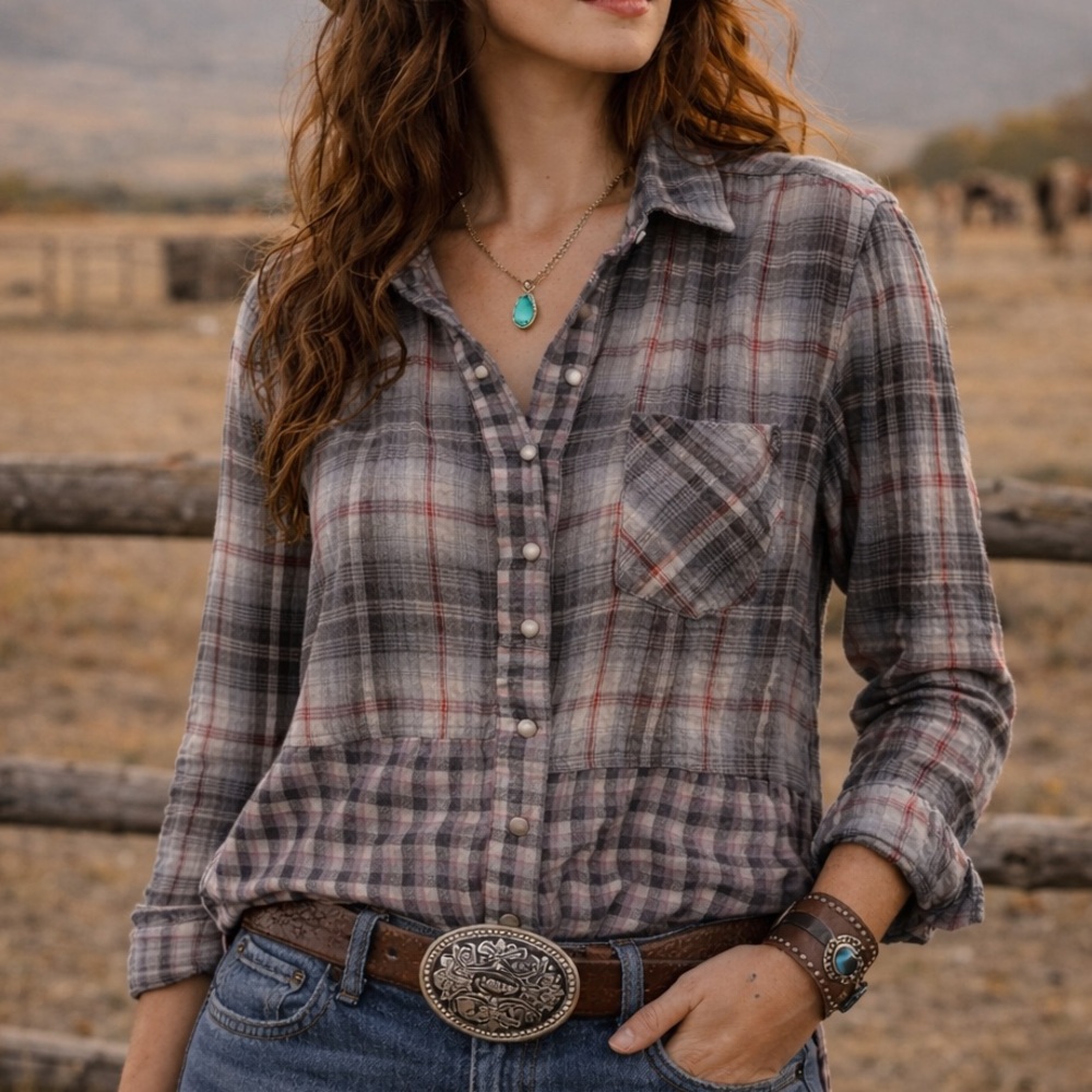 Sundance Plaid Snap Front Gauzy Cotton Shirt Cowgirl Western Boho Festival